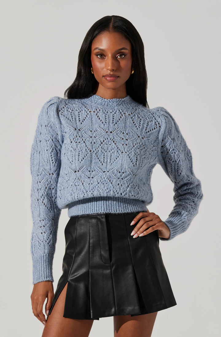 Evy Pointelle Puff Sleeve Sweater In Steel Blue