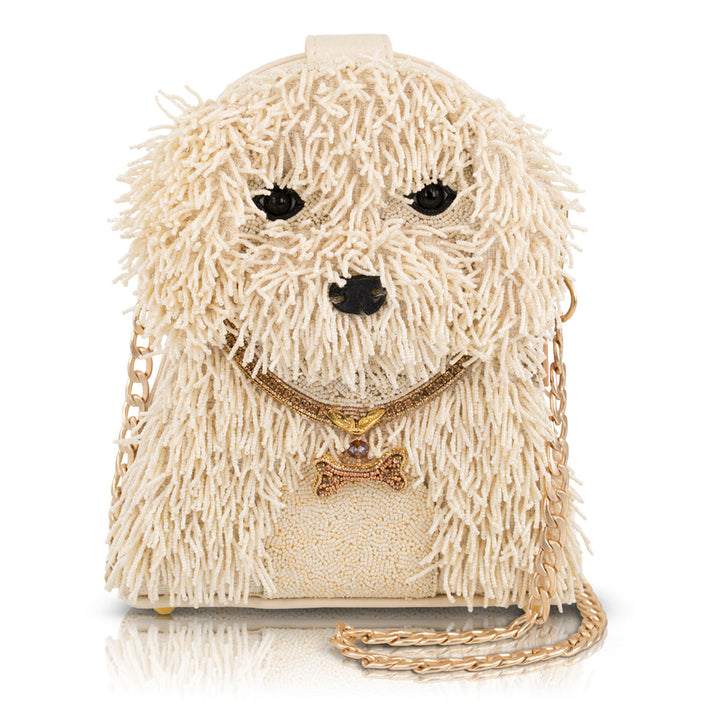 Mary Frances Milo cream puppy beaded crossbody handbag, front view