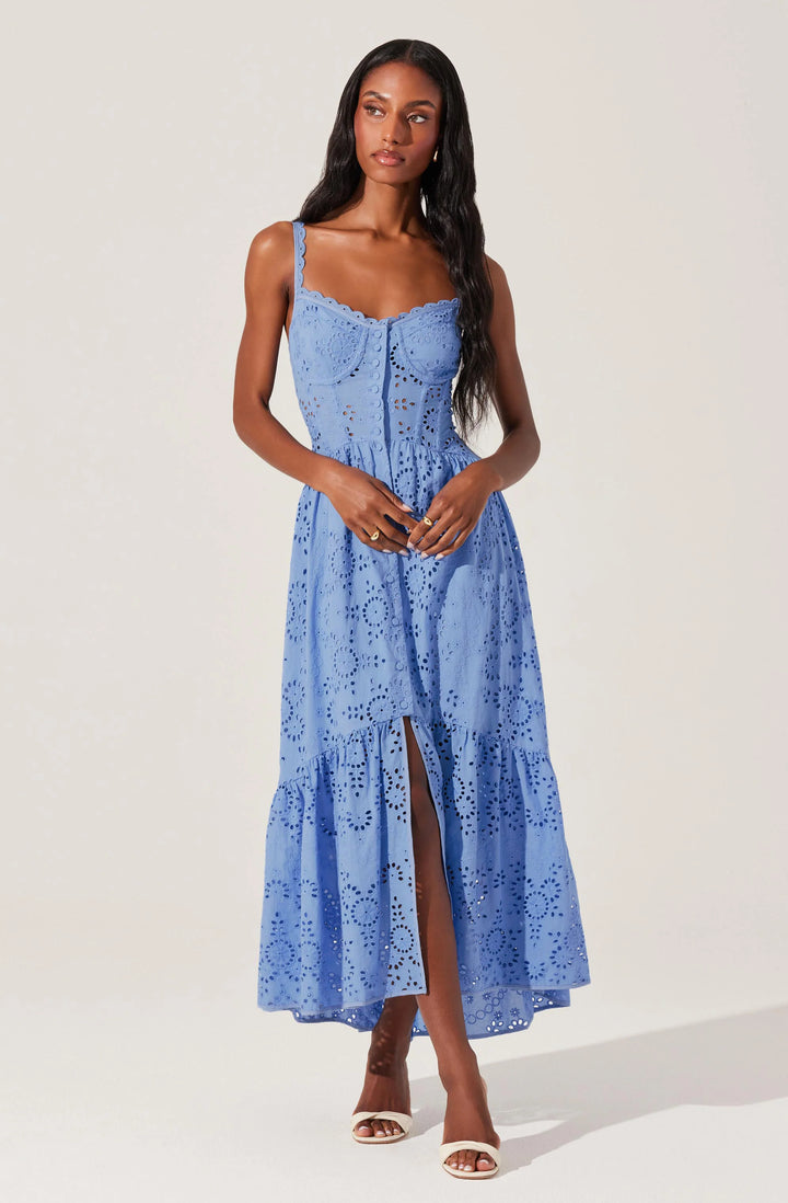 Yamila Eyelet Corset Midi Dress in Blue