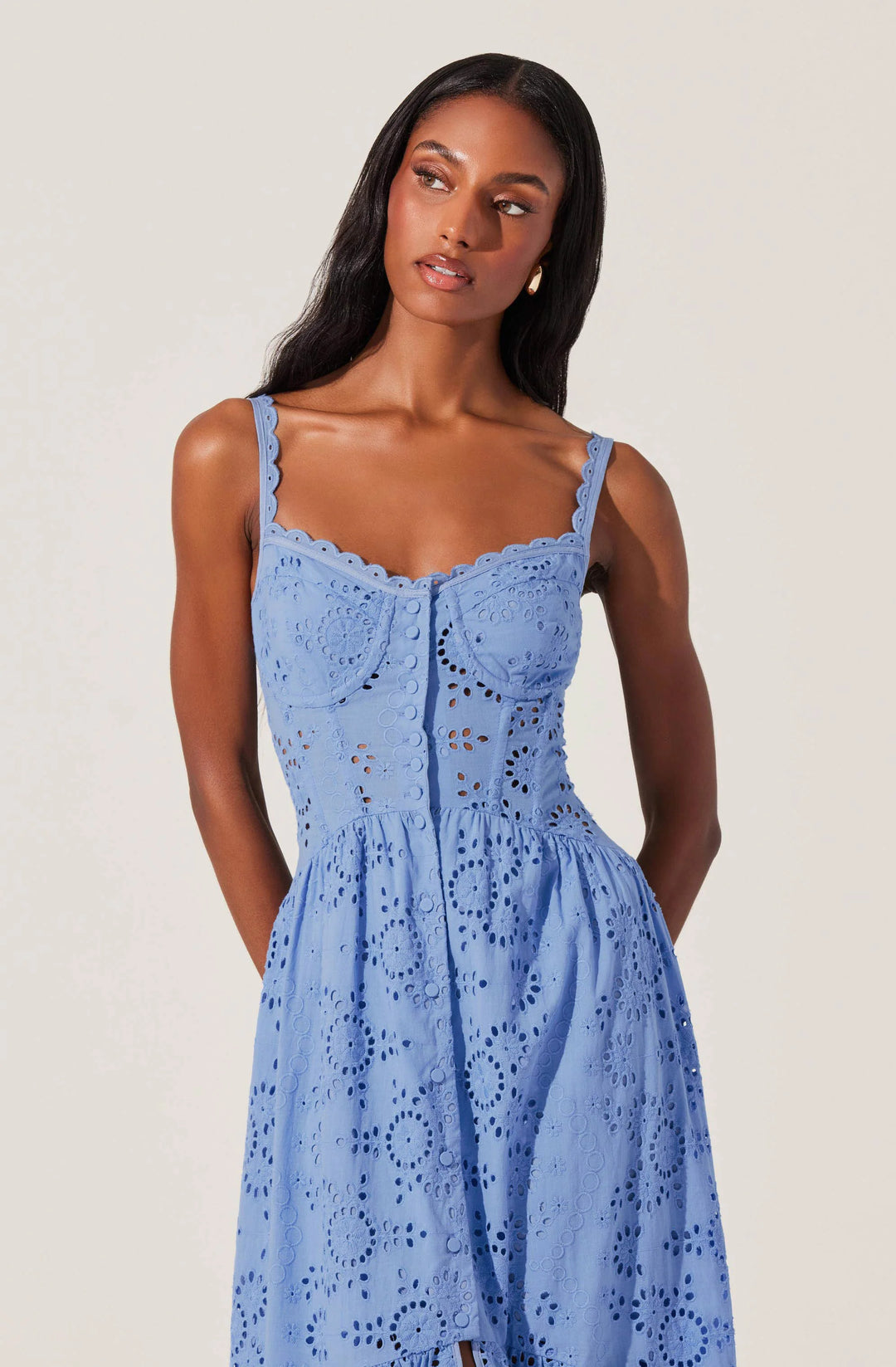 AST Yamila Eyelet Corset Midi Dress in Blue – Lula Boutique for Women and  Children