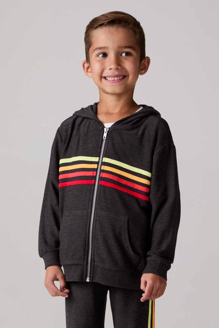 Model wearing Chaser's Vintage Black Stripe Boys Zip-Up Hoodie in Black with striped detailing, front view; top only, coordinating bottoms sold separately