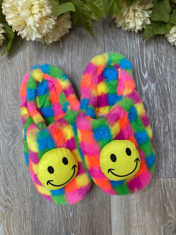 Rainbow Checkered Smiley Slippers
