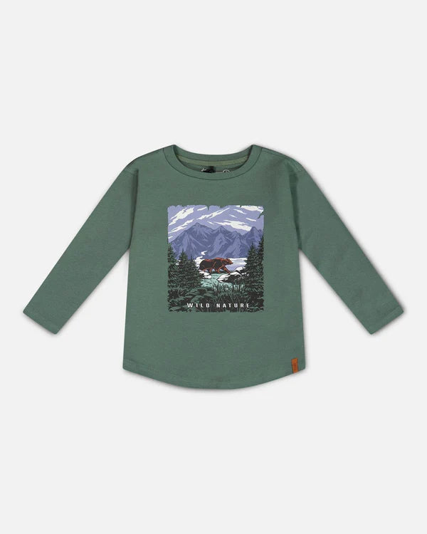 DPD Forest Green Tee Shirt with Brown Bear & Mountains
