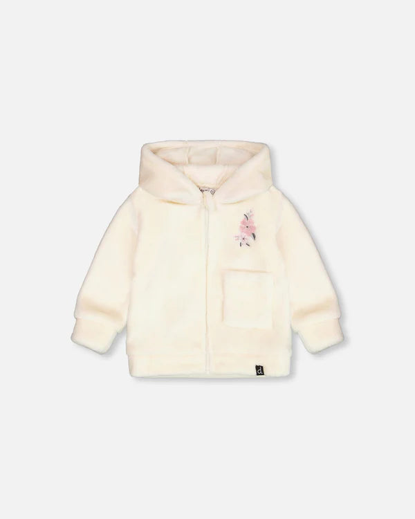DPD Plush Hooded Zip up Cream Jacket with Flowers