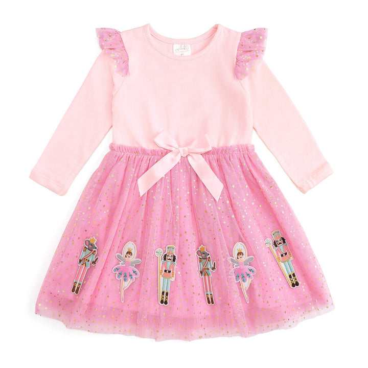 Sweet Wink Nutcracker Applique Christmas Long Sleeve Dress in Light Pink