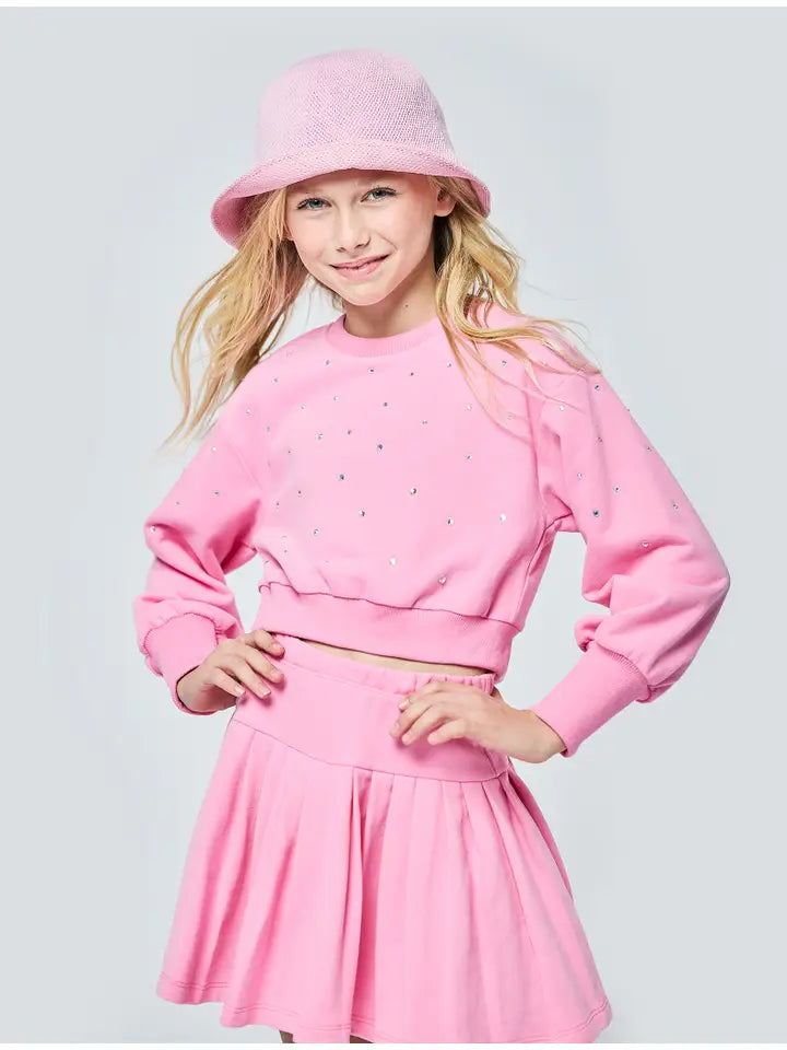 Pink Rhinestone Crop Sweatshirt with Pleated Skirt