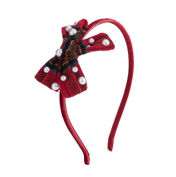 Sweet Wink Christmas Tartan Pearl Bow Headband in Red Plaid