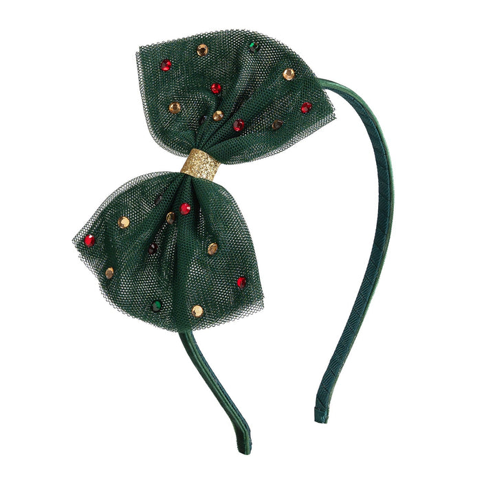 Sweet Wink Emerald Rhinestone Christmas Tulle Bow Headband in Emerald Green