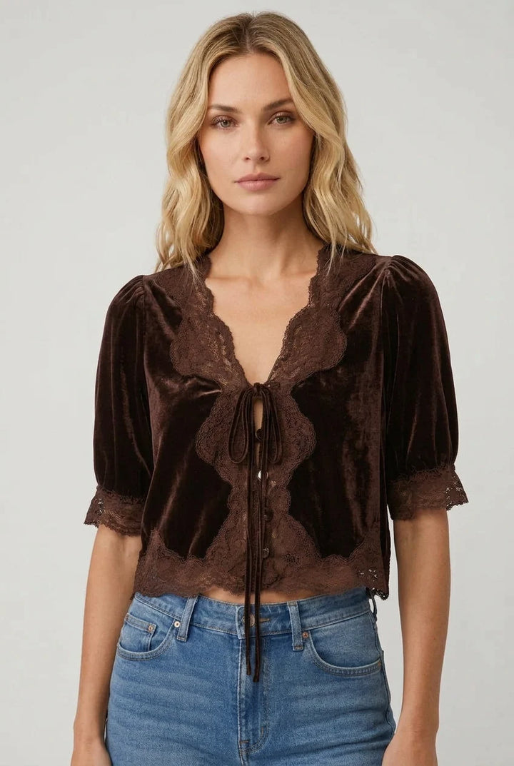 Steve Madden Dorothie Velvet Lace Trim Top - Dark Toffee - front view