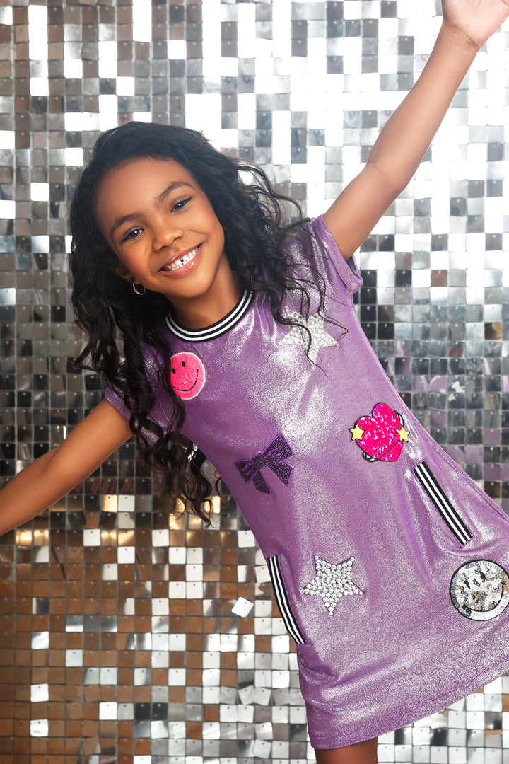 Icon Patch Glitter Dress in Purple