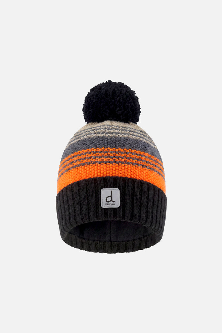 Deux Par Deux winter knit hat with pompom grey and orange stripes