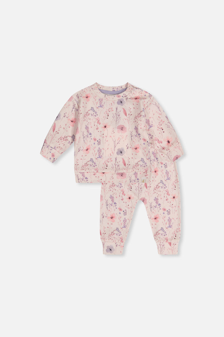 Deux Par Deux Organic Cotton Pants And Top Set Pink Printed Flowers - front