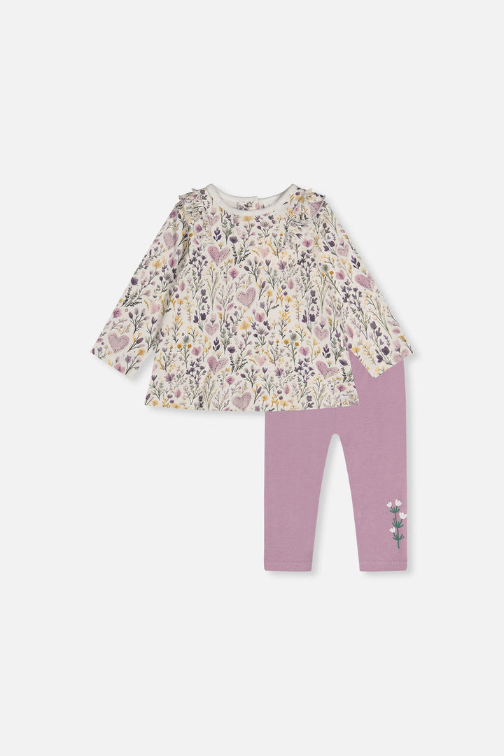 Deux Par Deux Organic Cotton Pant And Top Set Beige With Heart Print - front