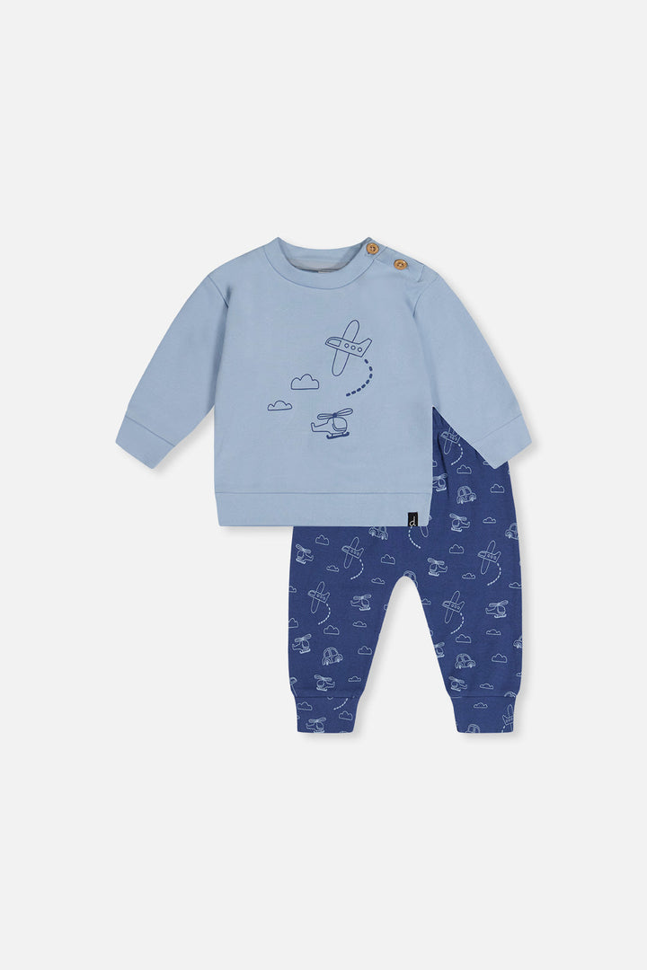 Deux Par Deux Organic Cotton Pants And Top Set Sky Blue - front