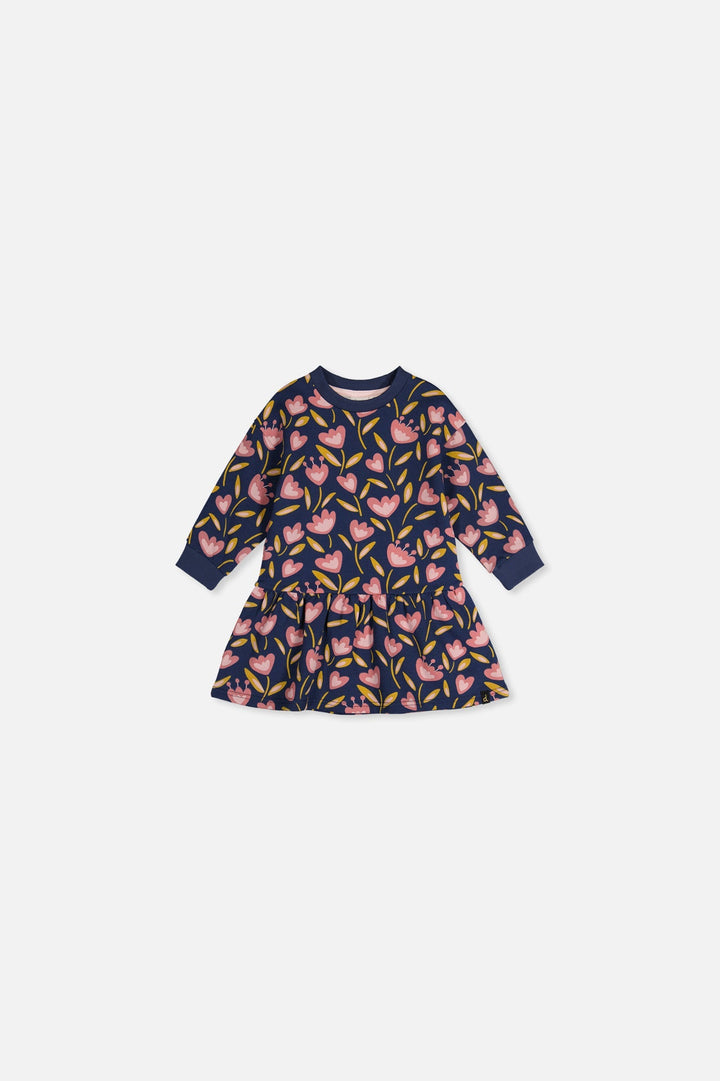 Deux Par Deux Baby French Terry Dress Blue Tulip Print - front