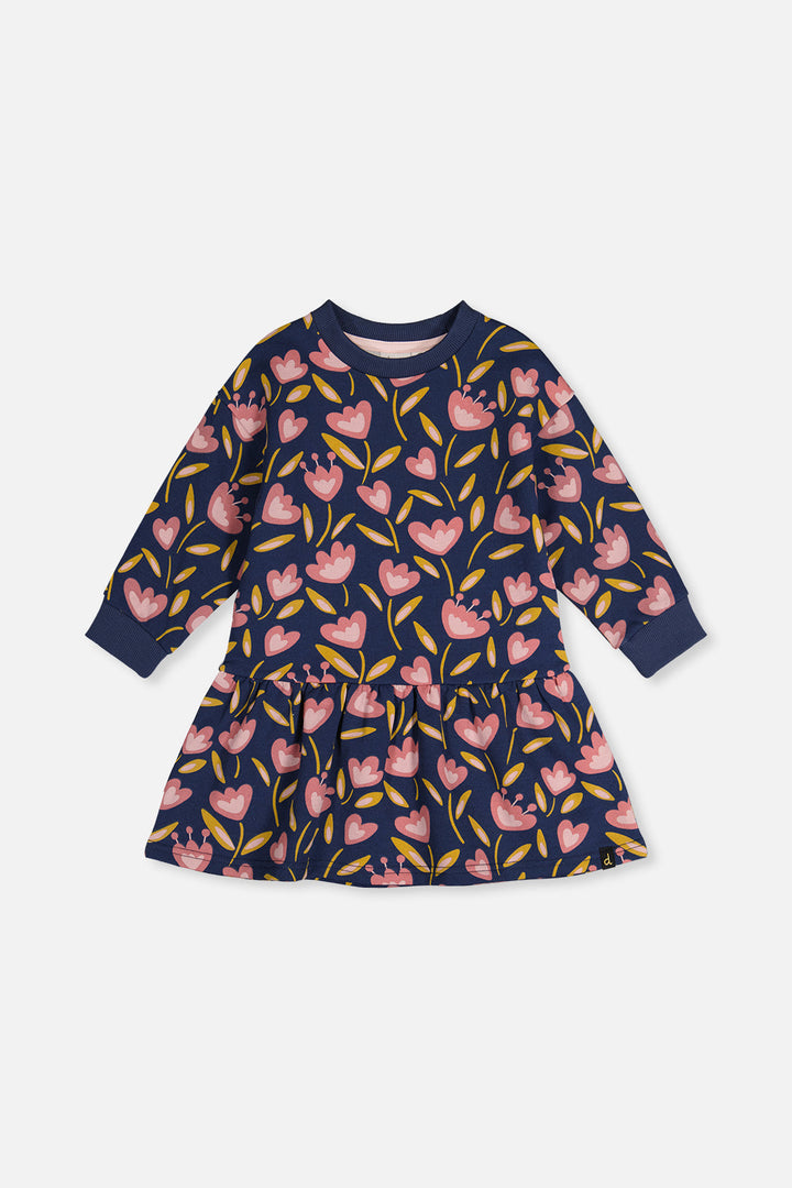 Deux Par Deux French Terry Dress Blue Tulip Print - front