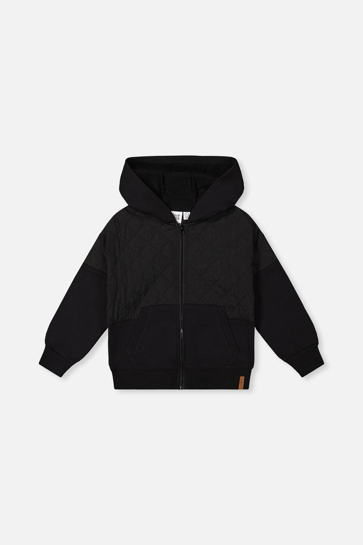 Deux Par Deux Full Zip Hooded Bi-Material Cardigan Black - front
