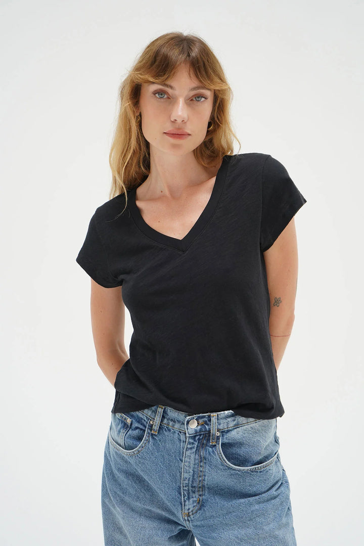 Fitted Deep V Cotton Tee in Black