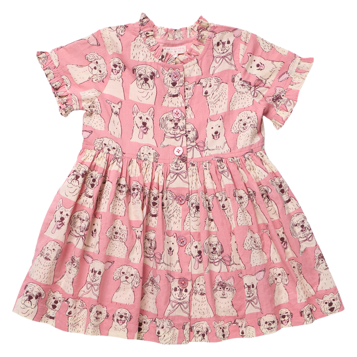 Girls Autumn Dress Pink Sketched Dogs