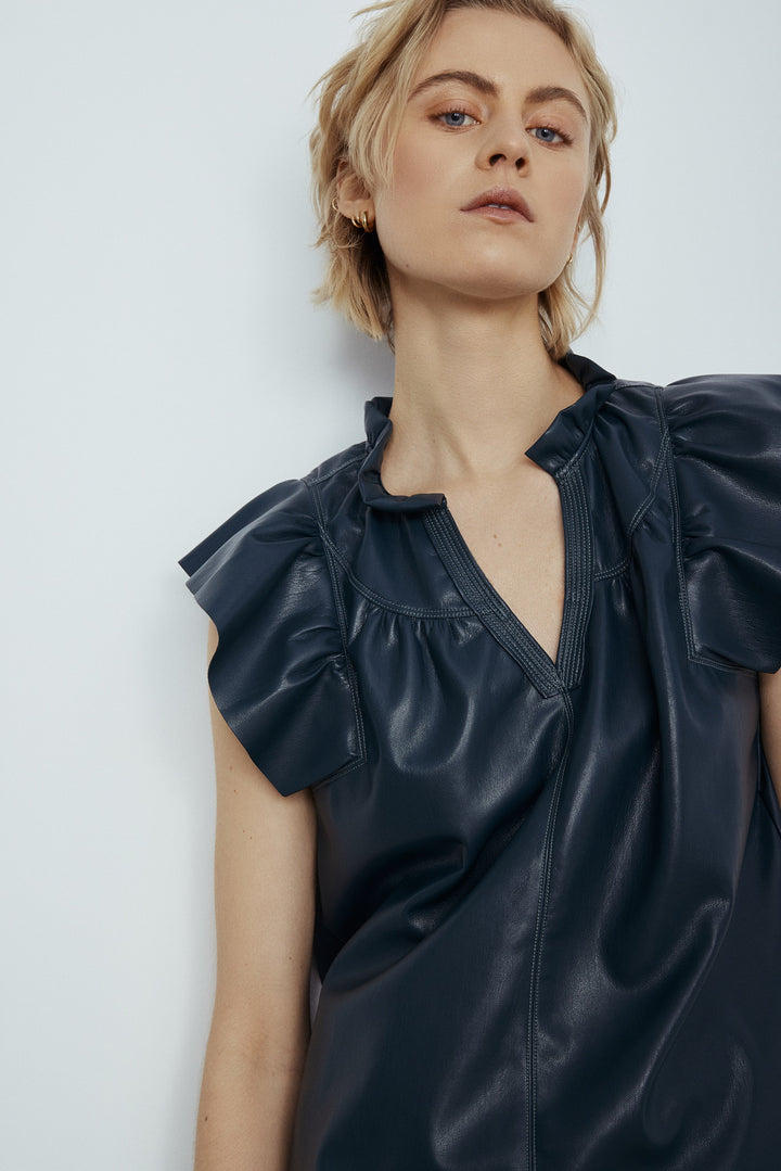 Izma Faux Leather Top in Bluestone