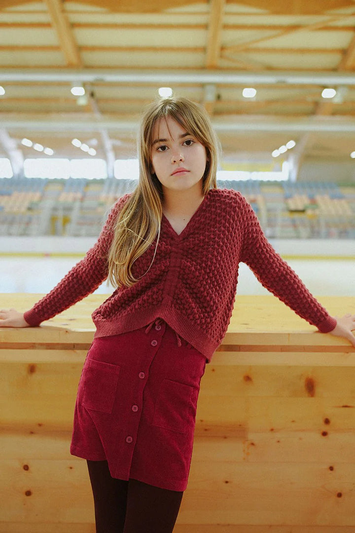 Tween Dark Red Popcorn Cinch Front Sweater