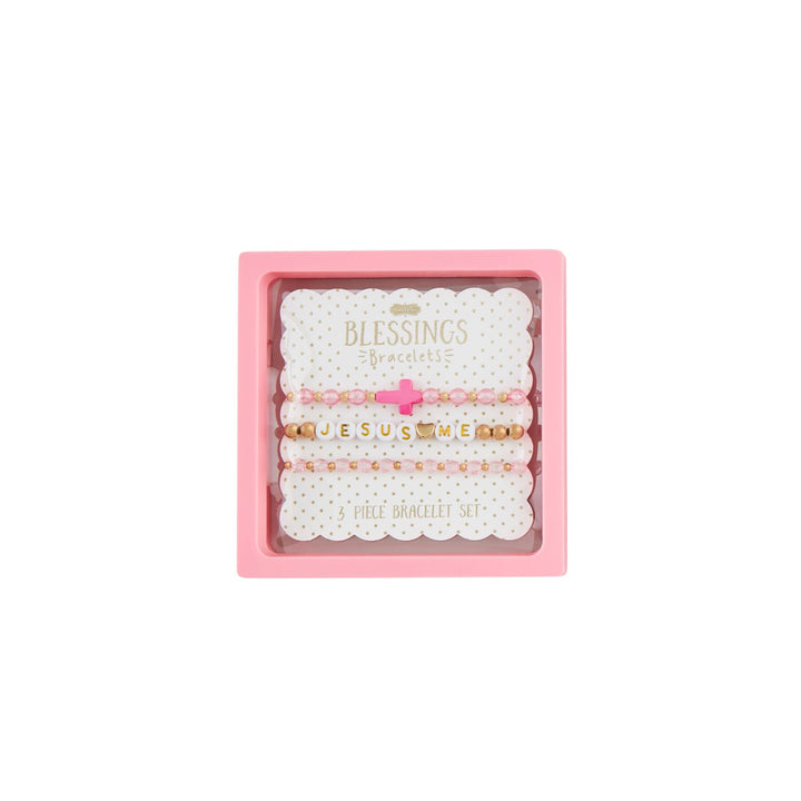 Jesus Loves Me & Cross Beaded Bracelet Set Pink