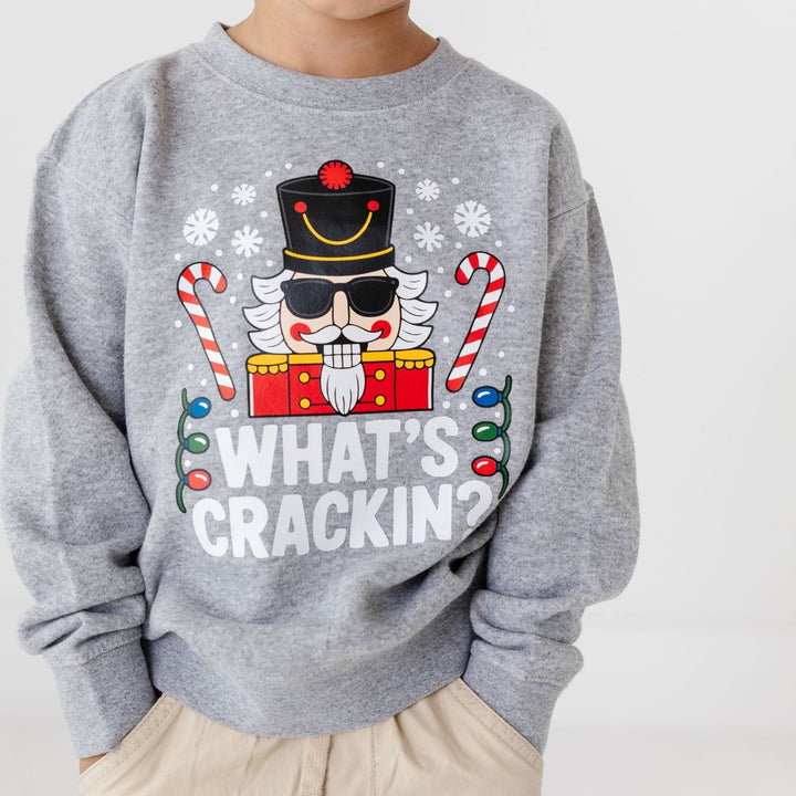 Sweet Wink What's Crackin Christmas Sweatshirt in Heather Grey - styled view
