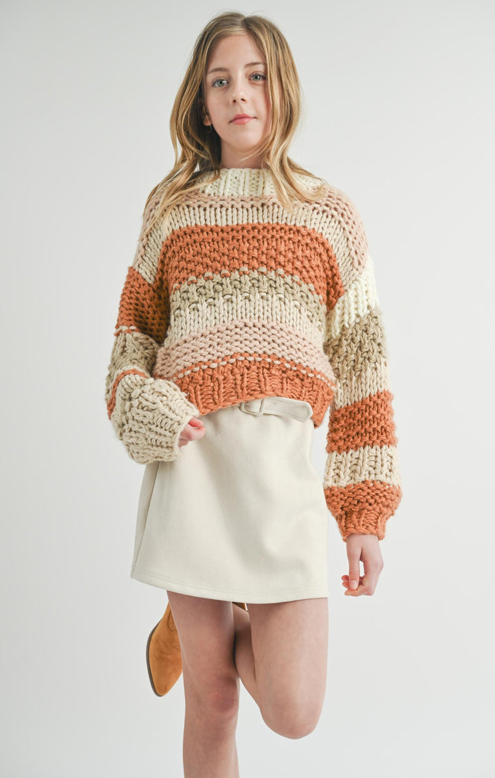 Tween Striped Butter Pecan Chunky Sweater
