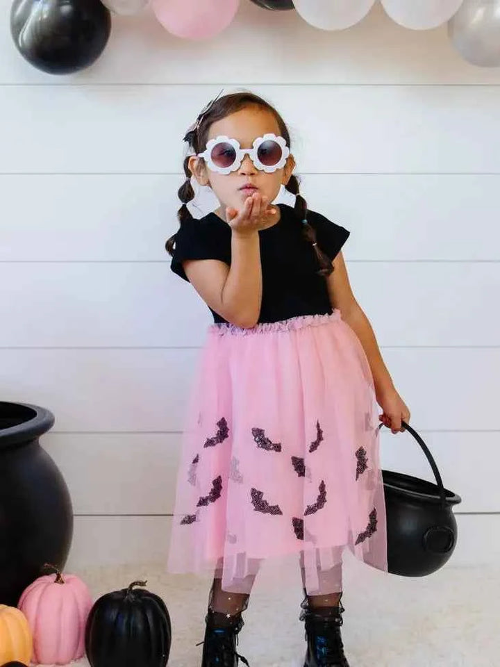 SWE Bat Halloween Short Sleeve Tutu Dress in Pink