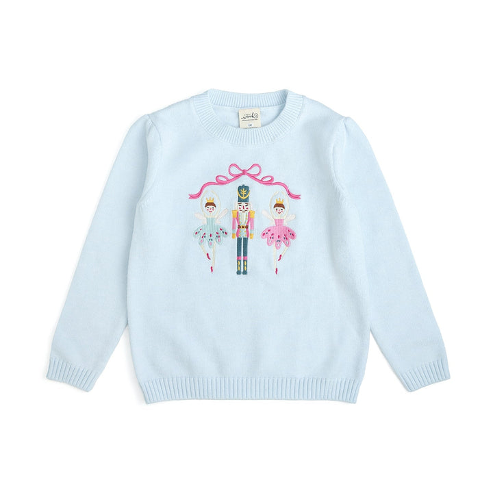 Sweet Wink Nutcracker Embroidered Christmas Sweater in Pastel Blue