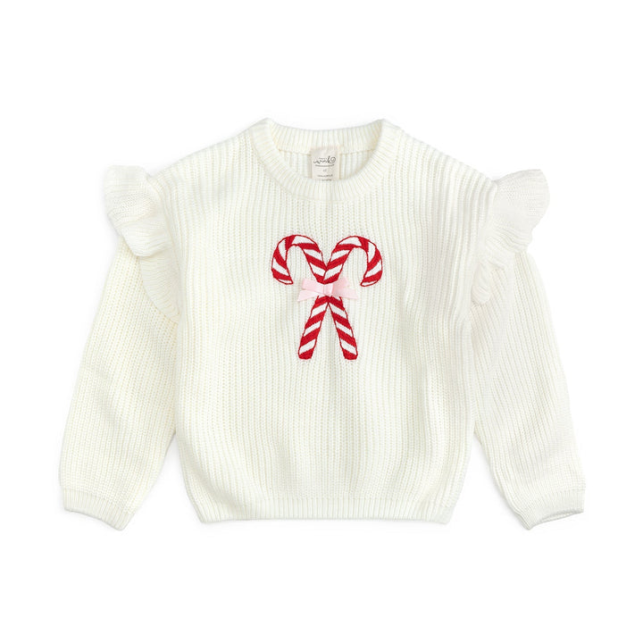 Sweet Wink Candy Cane Christmas Ruffle Sweater in Ivory