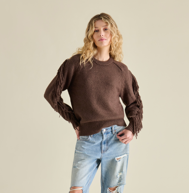 Steve Madden Ashlynne Fringe Sweater - Dark Toffee - front view