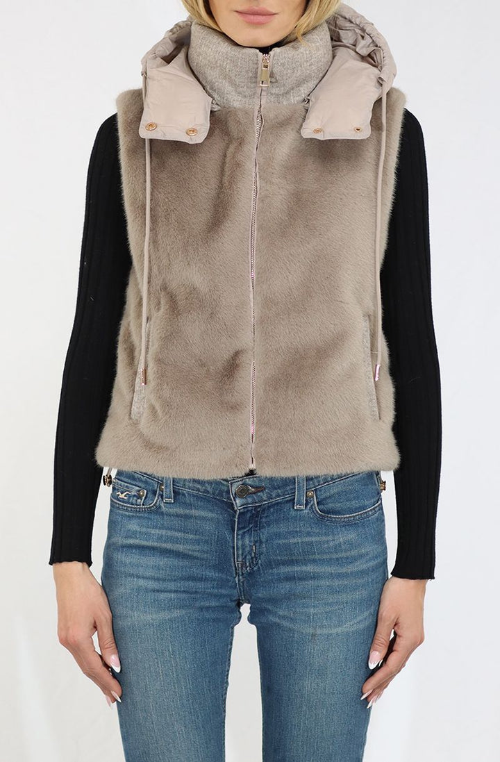 Metric Knits Faux Fur Zip-Front Vest with Detachable Hood - Taupe, front view