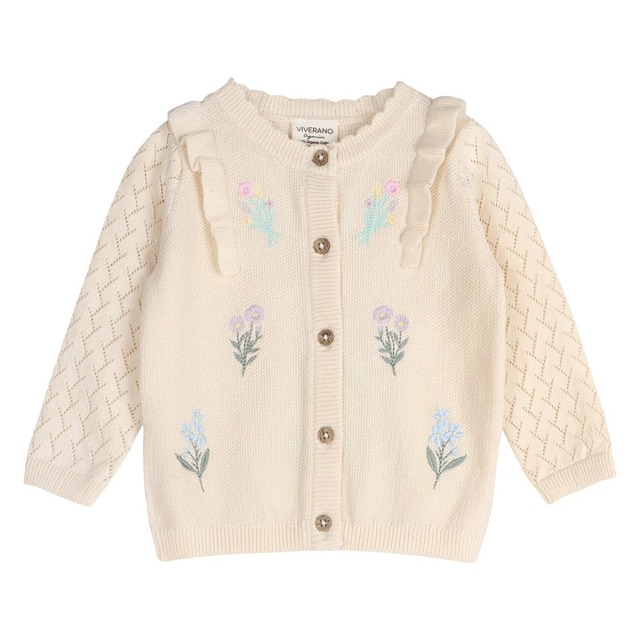 Ruffle Embroidered Cream Cardigan with Flowers