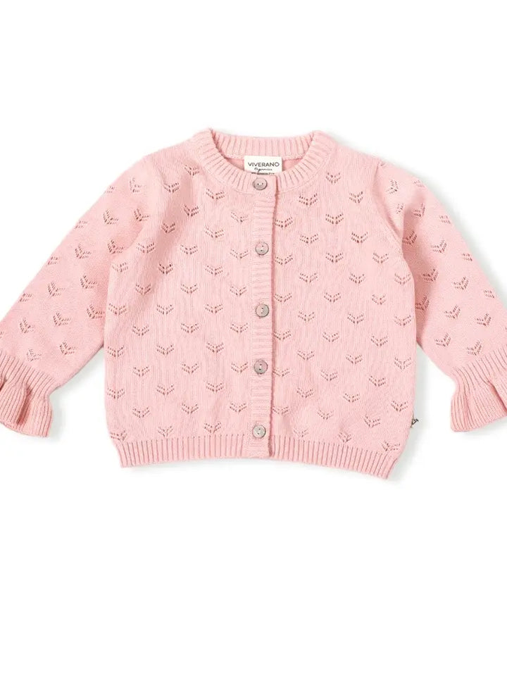 Milan Pointelle Knit Ruffle Cardigan in Pink