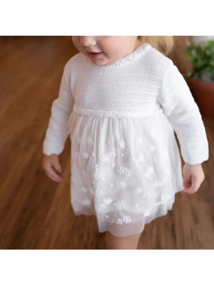 Milan White Floral Embroidered Tutu Knit Baby Dress Organic