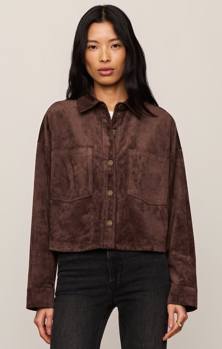 Z Supply All Day Cropped Suede Jacket in Dark Chocolate, front view