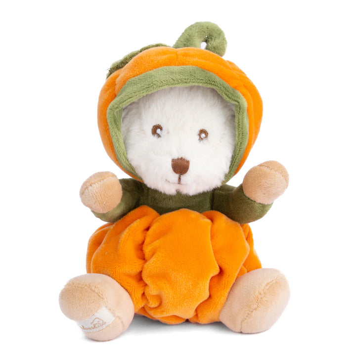 Bukowski Bear Ziggy plush wearing a pumpkin Halloween costume