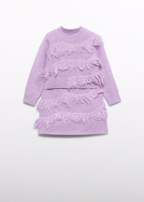 Abel & Lula Lilac Knit Skirt Set with Fringe, front view