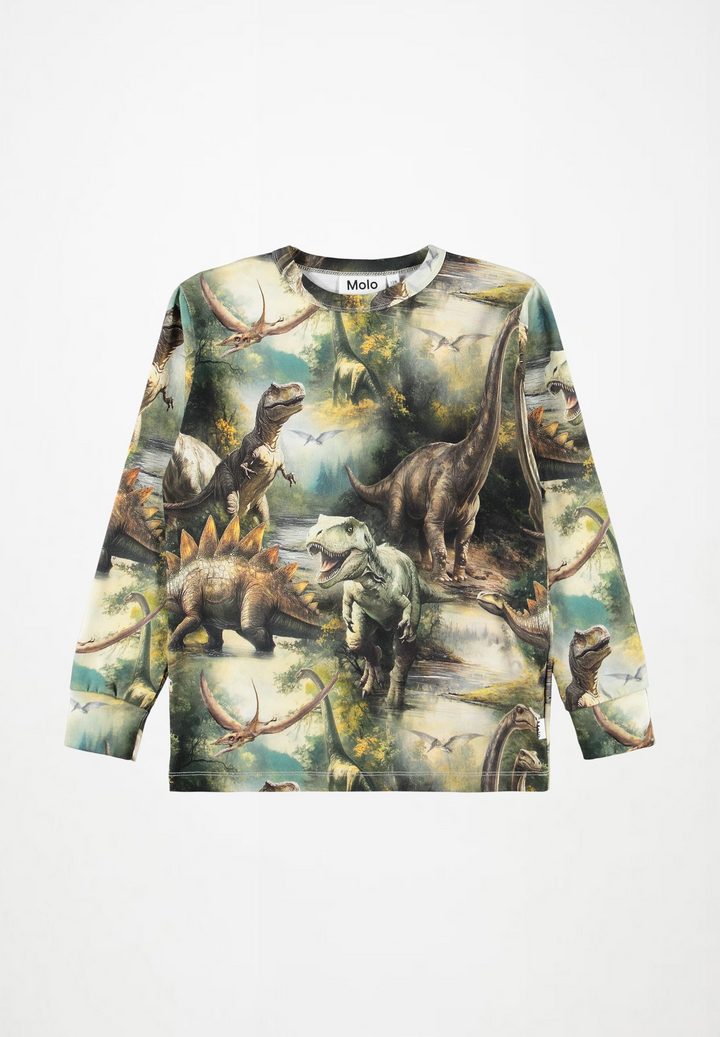 A long-sleeve crewneck sweatshirt featuring an all-over dinosaur and prehistoric forest print, displayed flat against a clean white background. The brand name 'MOLO' is visible on the inner neck label. MOLO