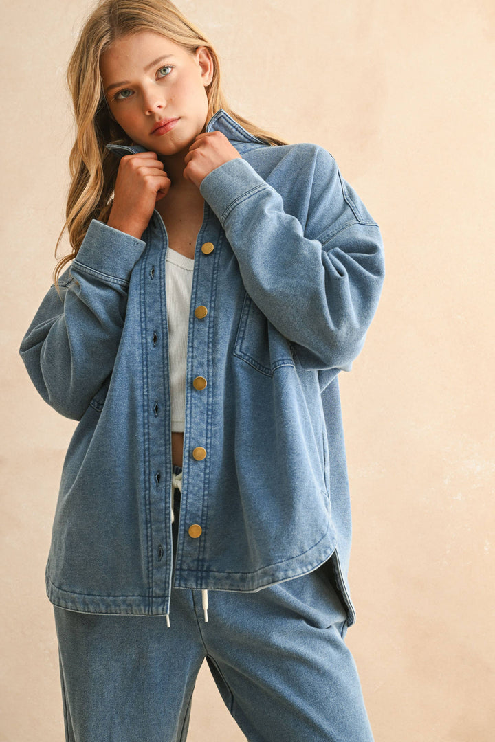 WASHED KNITTED BUTTON FRONT SHIRT JACKET