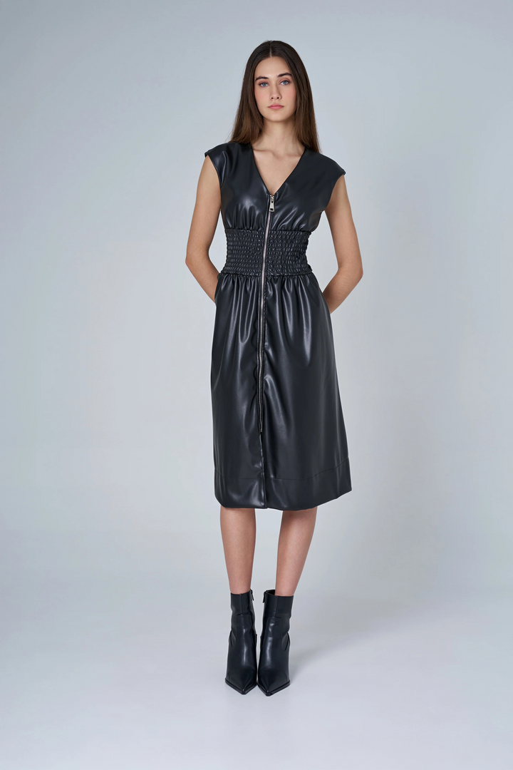 Smocked Waist Faux Leather Black Dress