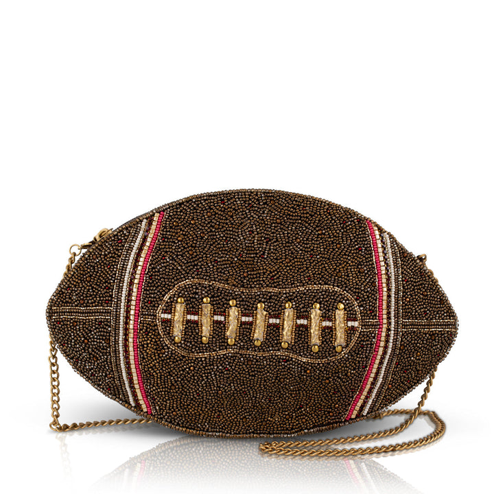 Mary Frances Huddle Up brown beaded football crossbody bag, front view