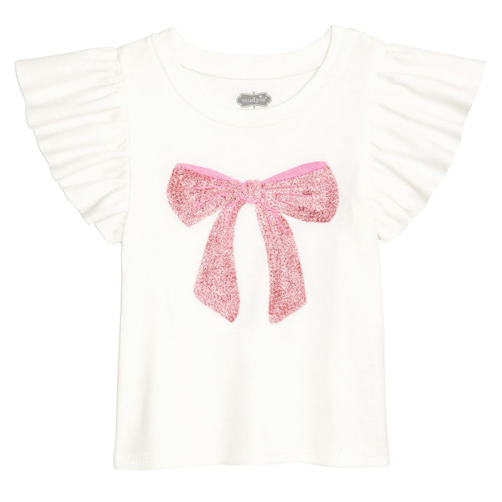 Cream Sequin Bow Ruffle Tee