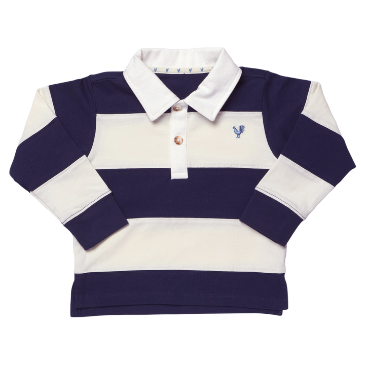 Pink Chicken Albert navy and white striped rugby shirt, front view