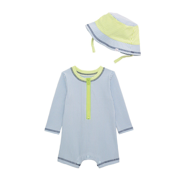 Blue Seersucker Rash Guard One-Piece Swim Set