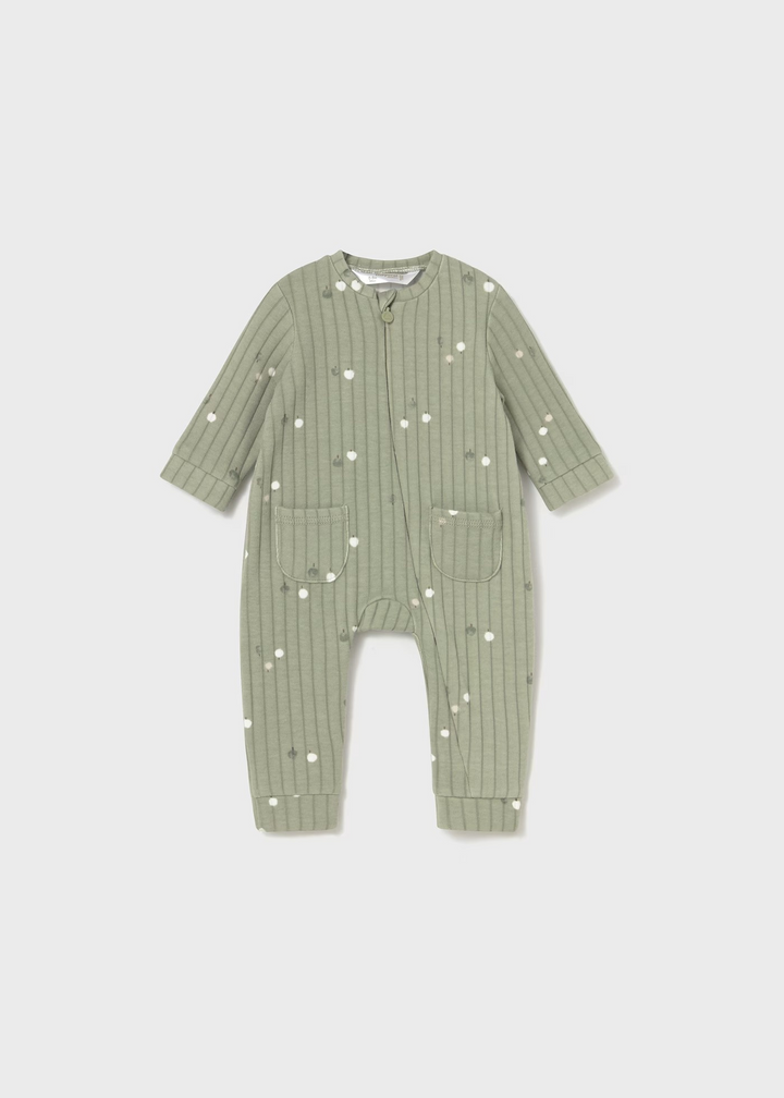 Sage Ribbed Zip Romper with Tree Print