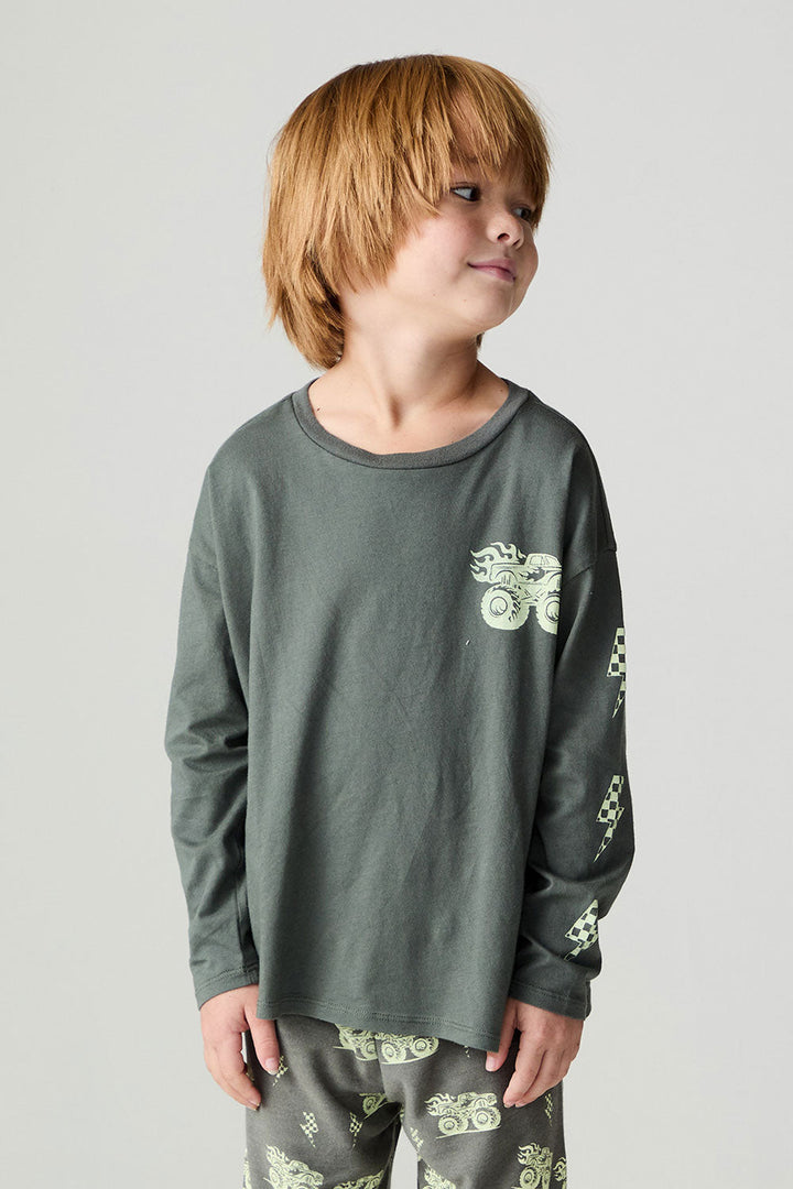 Chaser Kids Monster Truck Boys Tee in Safari, front view