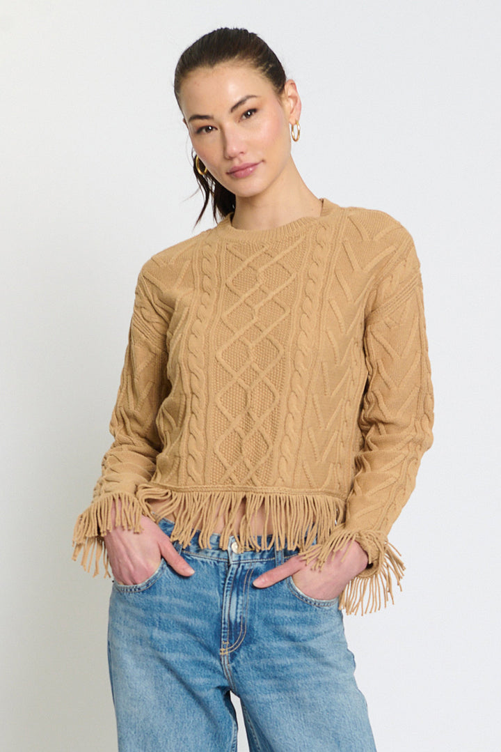 Central Park West Phoebe Cabled Fringe Sweater in Camel