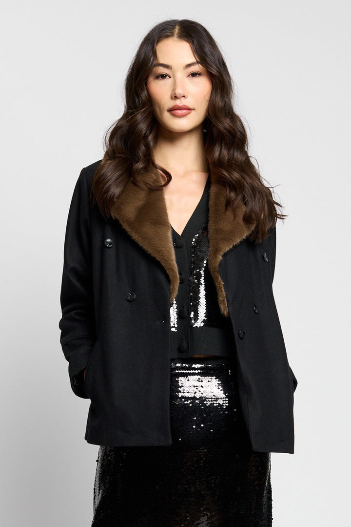 Central Park West Asher Melton Faux-Fur Collar Peacoat in Black